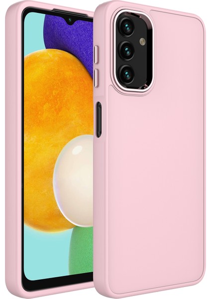 Galaxy A04S Kılıf Metal Çerçeve ve Buton Tasarımlı Silikon Luna Kapak-Pembe