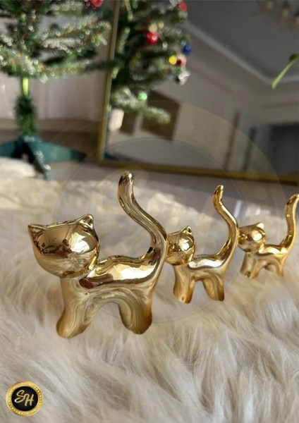 3 Lü Set Kedi Gold Biblo Dekoratif Sunumluk Dekor