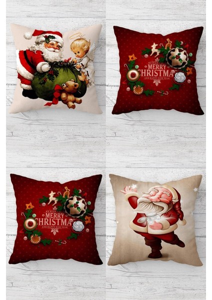 Tekno Trust Noel Baba Christmas Yılbaşı Gizli Fermuarlı Kırlent Kılıfı Koltuk Yastık Kılıfı TAKIM(4ADET)