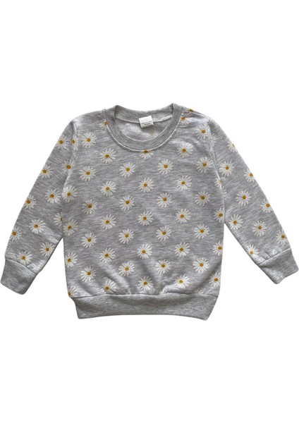 Kız Çocuk Pamuklu 2 Iplik Şardonlu Gri Papatya Desen Pijama Takımı