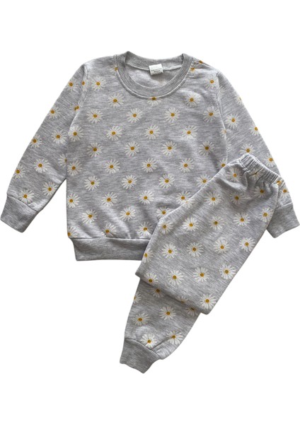 Kız Çocuk Pamuklu 2 Iplik Şardonlu Gri Papatya Desen Pijama Takımı modelleri