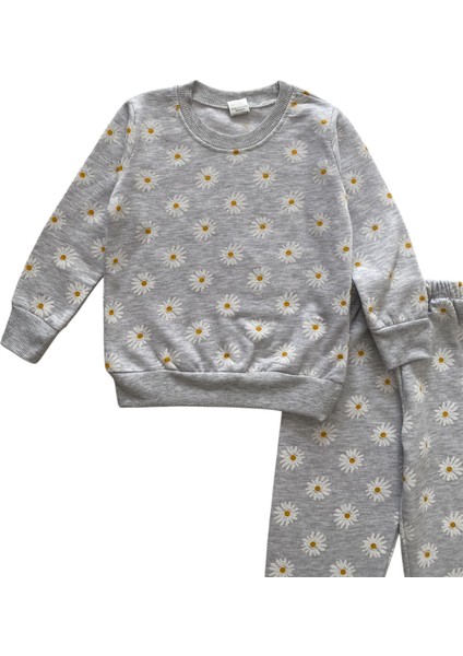 Kız Çocuk Pamuklu 2 Iplik Şardonlu Gri Papatya Desen Pijama Takımı fırsatları