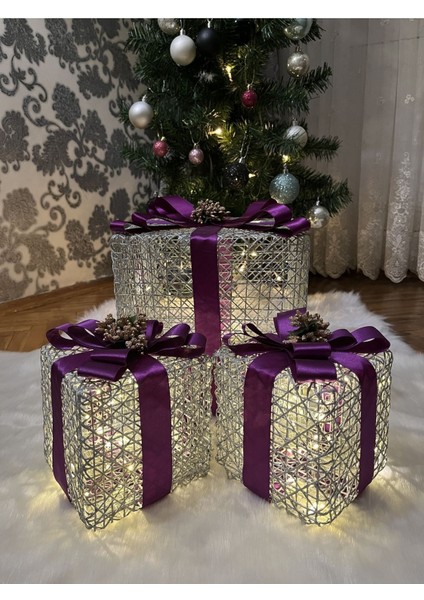 Dekoratif LED Işıklı Yılbaşı Ağacı Altı Hediye Kutusu Seti Yılbaşı Özel Noel Süsü Mor Kurdele