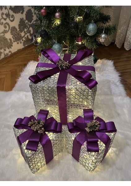 Dekoratif LED Işıklı Yılbaşı Ağacı Altı Hediye Kutusu Seti Yılbaşı Özel Noel Süsü Mor Kurdele