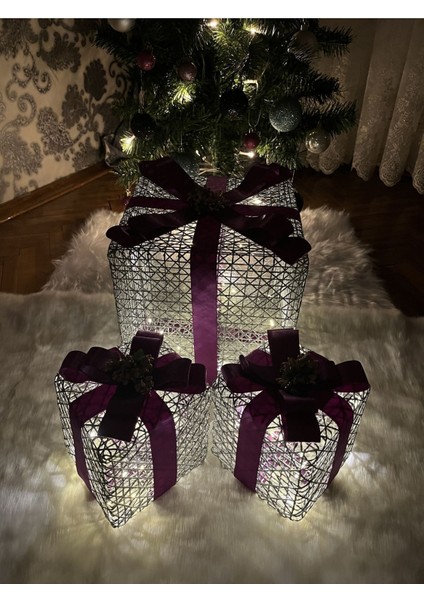 Dekoratif LED Işıklı Yılbaşı Ağacı Altı Hediye Kutusu Seti Yılbaşı Özel Noel Süsü Mor Kurdele
