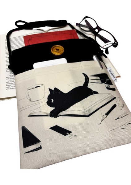 Kitap Kılıfı , Kitap Çantası , Book Bag , Tablet Bag , Book Sleeve , Ebook Bag (Kedi Kitap Kahve ) fırsatları