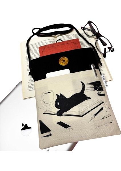 Kitap Kılıfı , Kitap Çantası , Book Bag , Tablet Bag , Book Sleeve , Ebook Bag (Kedi Kitap Kahve ) indirimleri