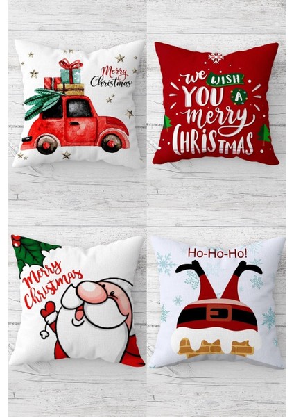 Noel Baba ve Noel Temalı 4'lü Kırlent Kılıfı, Kırmızı, Pamuklu, Koltuk Dekoru