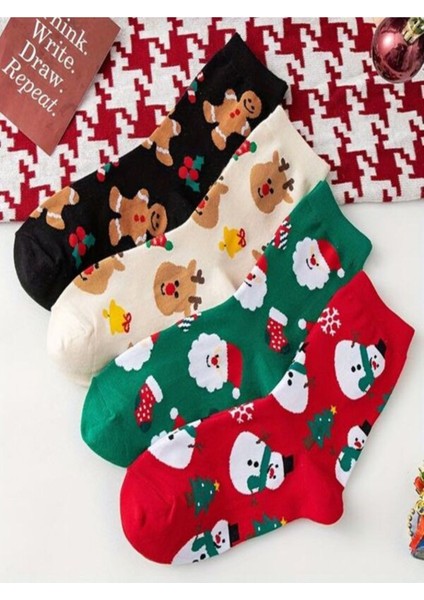 4'lü Renkli Noel Baba ve Yılbaşı Desenli Pamuklu Soket Çorap Seti