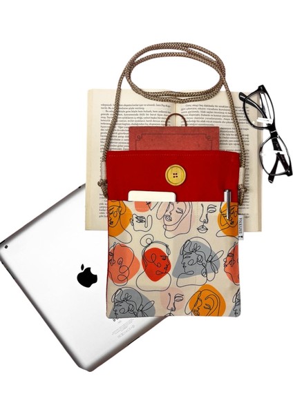 Askılı Kitap / Tablet / Ebook Çantası – Kılıfı , Kadın Yüzler Turuncu