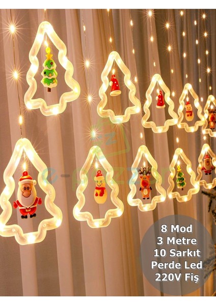 10 Saçaklı Çam Ağacı Noel Figürlü Yılbaşı Organizasyon Konsept Süsleme 8 Mod Günışığı Perde LED Işı
