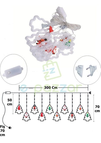 10 Saçaklı Çam Ağacı Noel Figürlü Yılbaşı Organizasyon Konsept Süsleme 8 Mod Günışığı Perde LED Işı fırsatları