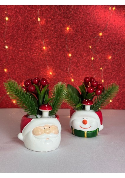 2'li Yeni Yıl Noel Baba ve Kardan Adam Yapay Çiçek Kokinalı Yılbaşı Dekorasyonu Saksı