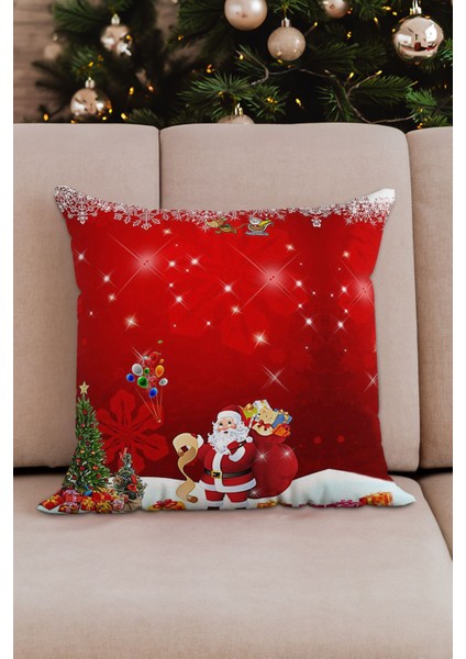 Tekno Trust Yılbaşı Temalı Kırmızı Beyaz Kar Tanesi ve Noel Baba Desenli Dekoratif Kırlent Yastık Kılıfı