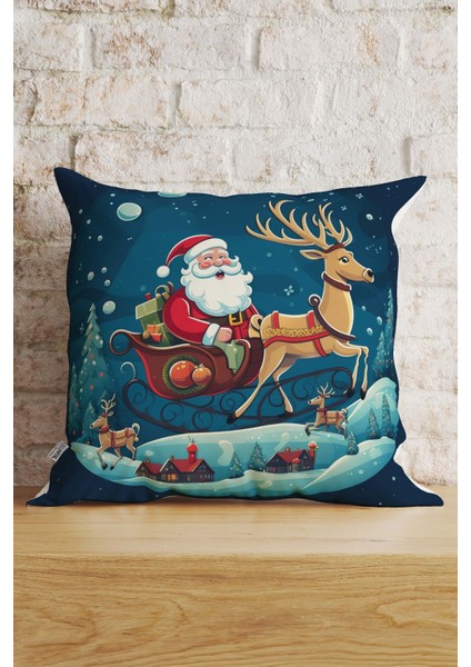 Yılbaşı Temalı Geyik ve Noel Baba Desenli Mavi Dijital Baskılı Dekoratif Yastık Kırlent Kılıfı