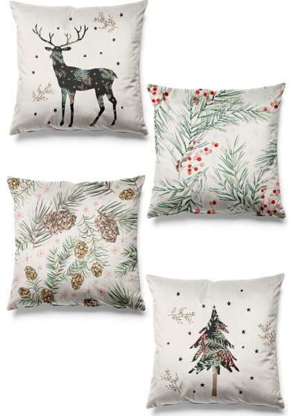 Çift Tarafı Baskılı Winter Desenli 4'lü Süet Kırlent Kılıfı Yılbaşı Christmas Yeniyıl Noel