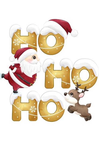 Yılbaşı Süslemeleri Hohoho Sevimli Noel Baba ve Geyiği Cam Duvar Sticker 25X35 cm