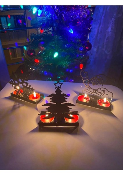 Dekoratif 3'lü Set Noel Baba Çam Ağacı Yılbaşı Temalı Tealight Mumluk Obje