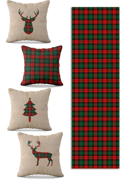 Yılbaşı Temalı 4'lü Kadife Kırlent ve Runner Seti, Çok Renkli, Şık Dekorasyon Parçaları