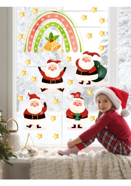 Yılbaşı Temalı Noel Baba Gökkuşağı ve Yıldızlar Cam Duvar Sticker Seti