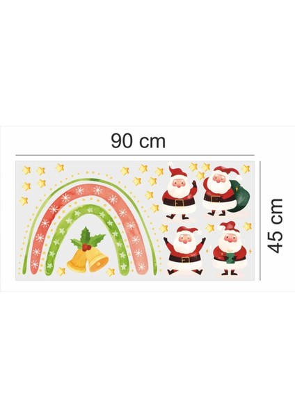 Yılbaşı Temalı Noel Baba Gökkuşağı ve Yıldızlar Cam Duvar Sticker Seti