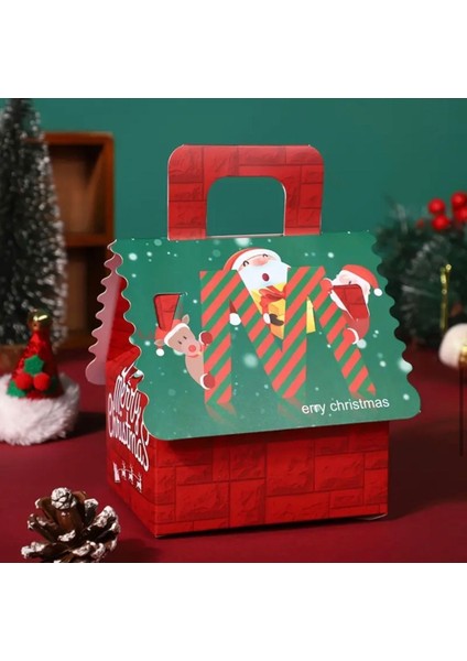 Yılbaşı Temalı Noel Baba ve Geyik Desenli Ev Şeklinde Hediye Şeker Çikolata Kutusu