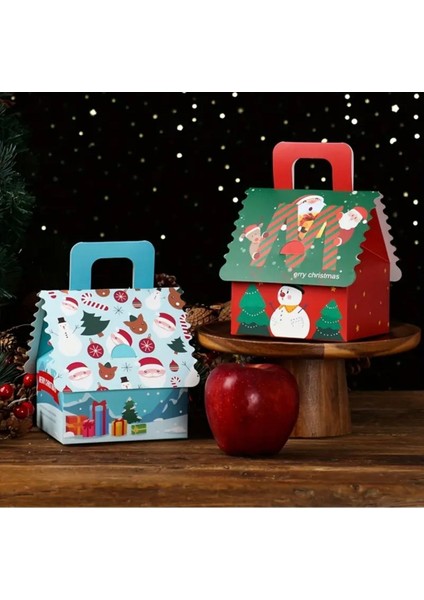 Yılbaşı Temalı Noel Baba ve Geyik Desenli Ev Şeklinde Hediye Şeker Çikolata Kutusu
