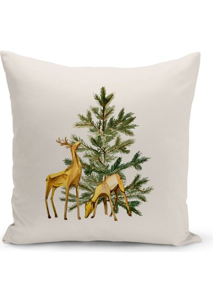 Yılbaşı Temalı Çift Taraflı Dijital Baskılı Kırlent Kılıfı, Ekru, Mikro Petek, 1 Parça