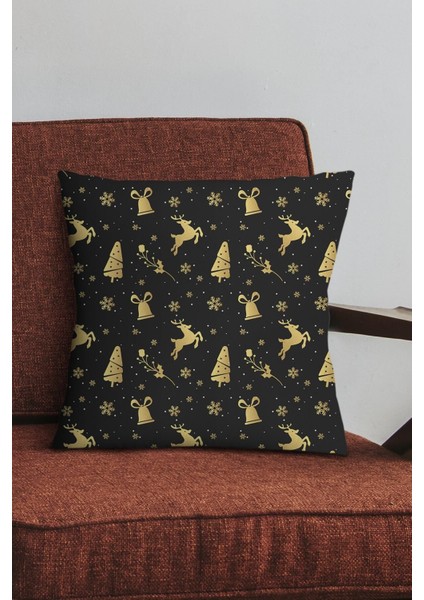 Yılbaşı Temalı Çift Taraflı Kırlent Kılıfı 43x43cm, Kadife, Gizli Fermar, Siyah