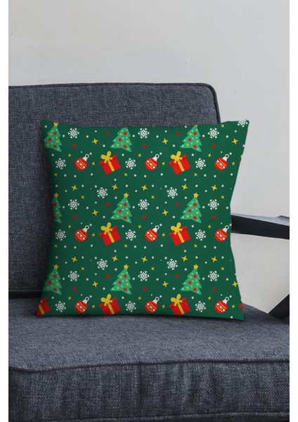Yılbaşı temalı çift taraflı kadife kırlent kılıfı 43x43cm yeşil renk