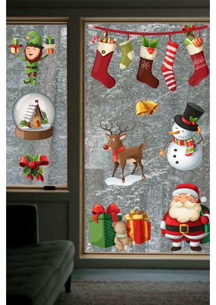 Renkli Noel Baba ve Arkadaşları Çocuk Odası Cam Stickerı, Eğlenceli ve Şık Dekorasyon fırsatları