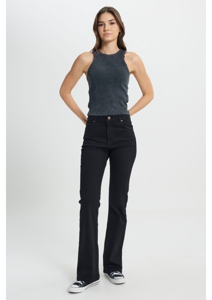 Flare Fit Normal Bel Geniş Paça Siyah Esnek Jean Denim Pantolon fiyatları