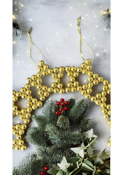 5 Adet Dekoratif Metalik Boncuklu Yıldız Yılbaşı Ağacı Noel Ağacı Süsü 5 cm Gold