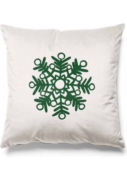 Ekru zeminde yeşil kar tanesi desenli çift taraflı süet kırlent kılıfı
