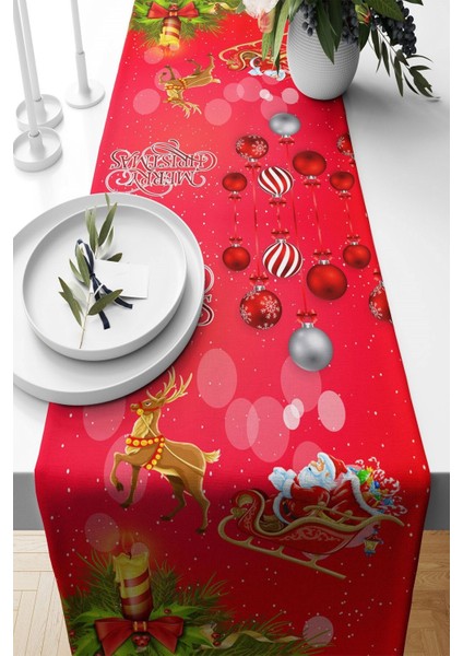 Kırmızı-Gold Noel Baba Yılbaşı Temalı Pamuk Masa Koşusu 40x140 Dikdörtgen