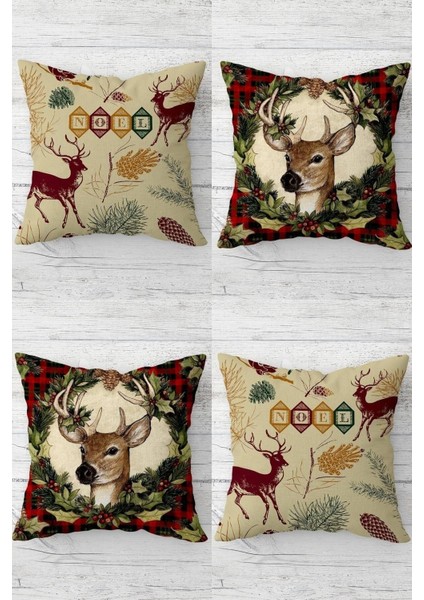Yılbaşı Geyik Noel Christmas Gizli Fermuarlı Kırlent Kılıfı Koltuk Yastık Kılıfı TAKIM(4ADET)