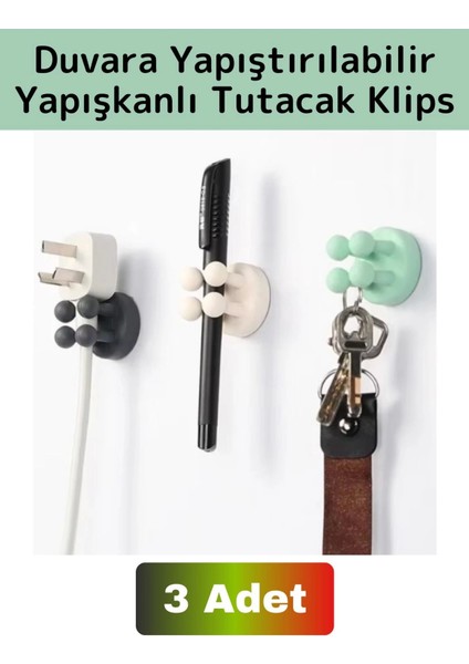 Premium Uzun Ömürlü Silikon Çok Amaçlı Yapışkanlı Duvara Yapıştırılabilir Pratik Tutucu Klips 3 Adet