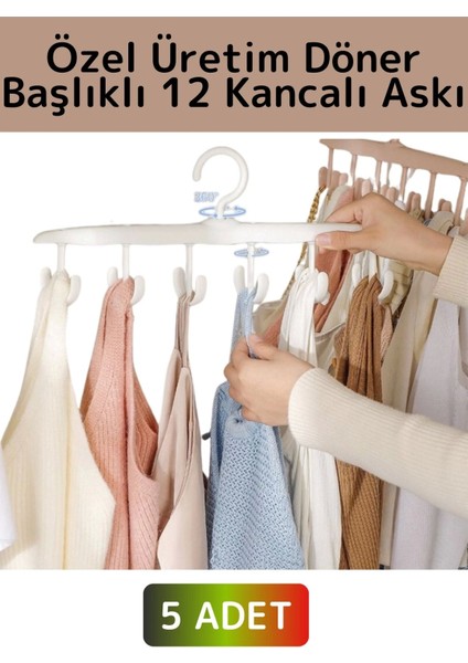 Özel 360 Derece Döner Üst Kısım Çift Taraflı 6 Askılı 12 Kancalı Kemer Elbise Çamaşır Askısı 5 Adet