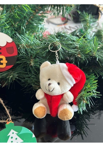 Yılbaşı Özel Noel Şapkası Motifli Ayıcık Anahtarlık ve Ahşap Çam Ağacı Süsü 6 Adet fiyatları