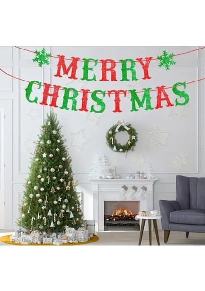 Yeni Yıl Noel Yılbaşı Mutlu Yıllar Merry Christmas Kaligrafi Banner Simli Eva Yazı