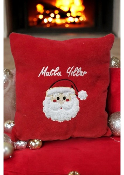 Kırmızı Dekoratif 40X40 Çocuk Odası Peluş Noel Baba Yılbaşı Yastık Kırlent