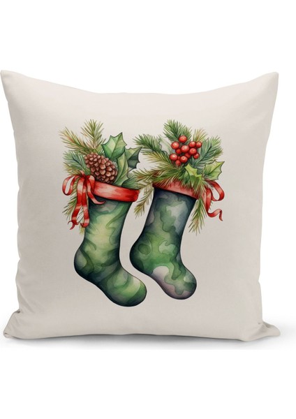 Yılbaşı Temalı Çift Taraflı Dijital Baskılı Kırlent Kılıfı, Ekru, Mikro Petek, 1 Parça