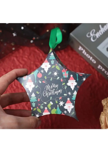 Yılbaşı Temalı Noel Baba Desenli Yıldız Şeklinde Kurdeleli Ağaç Süsü Hediye Şeker Kutusu