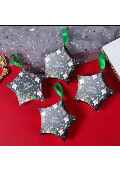 Yılbaşı Temalı Noel Baba Desenli Yıldız Şeklinde Kurdeleli Ağaç Süsü Hediye Şeker Kutusu
