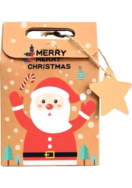 Noel Baba Desenli Merry Christmas Yazılı Yıldız Not Kağıtlı Yılbaşı Temalı Kraft hediye kutusu