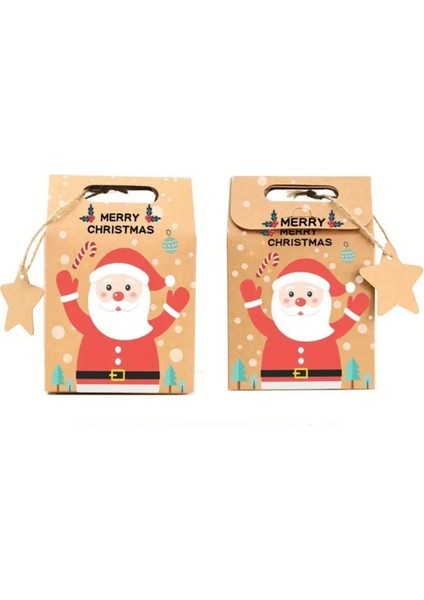 Noel Baba Desenli Merry Christmas Yazılı Yıldız Not Kağıtlı Yılbaşı Temalı Kraft hediye kutusu
