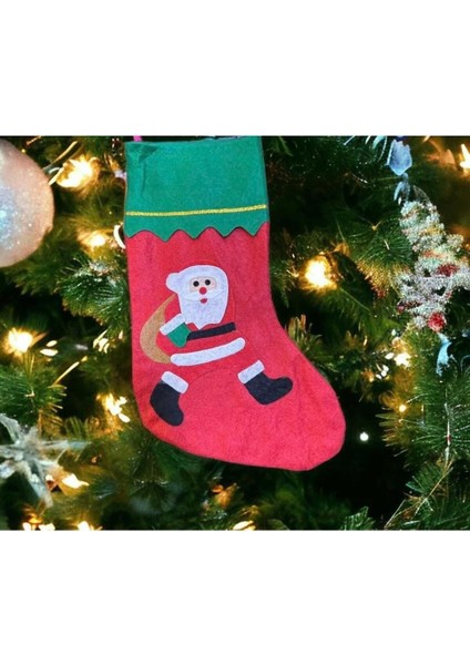 Kırmızı Yılbaşı Çorabı, Noel Baba Teması, 35 cm, Hediye ve Süsler İçin Şık Seçenek