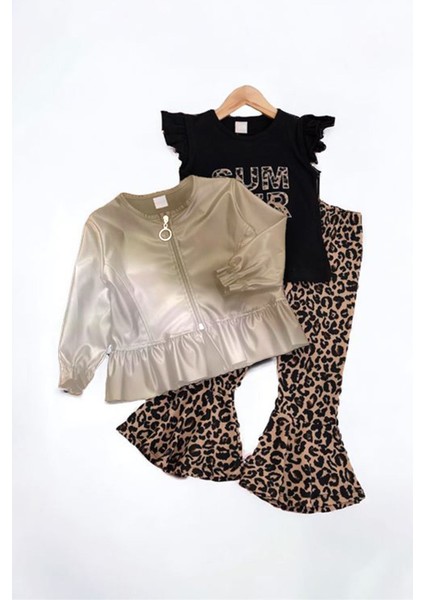 Deri Ceketli Summer Leopar Pantolon 3 Lü Kız Çocuk Takım - Camel