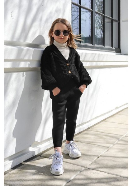 Zincir Desen Triko Hırkalı Kız Çocuk 2 Li takım - Siyah