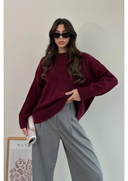 Bordo Bisiklet Yaka Oversize Triko Kazak MG1972